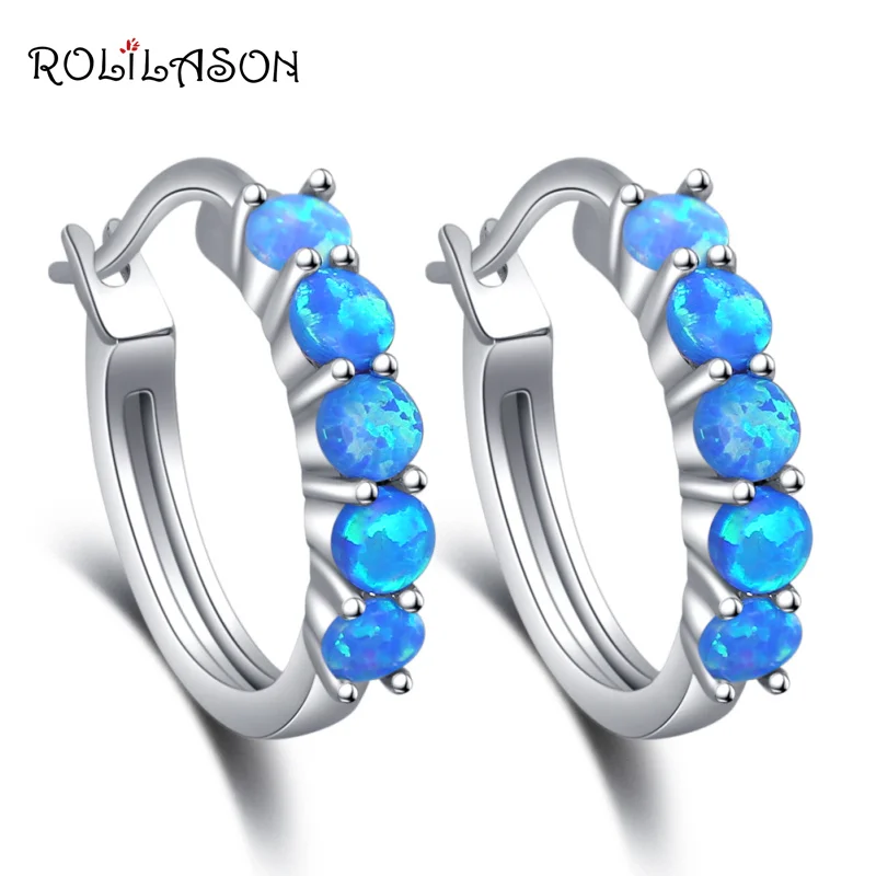 

ROLILASON Round Earring For Women Party gift Blue Fire Opal Silver Stamped Fashion Jewelry OE748