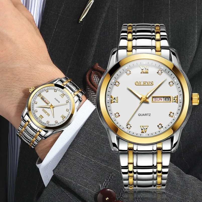 

OLEVS luxury brand business quartz waterproof watch men's fashion stainless steel watch men's clock double calendar watch