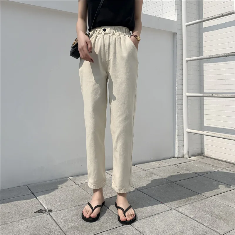 Plus Size Mom Jeans Elastic High Waist Harem Pants Vintage Casual Streetwear Solid Button Pocket Korean Harajuku Ladies Jeans