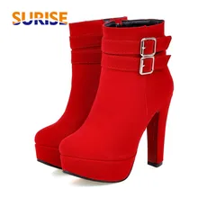 Женские зимние ботильоны на платформе 12 см модные женские красные вечерние ботинки из флока с круглым носком на высоком толстом каблуке-шпильке с плюшевой пряжкой