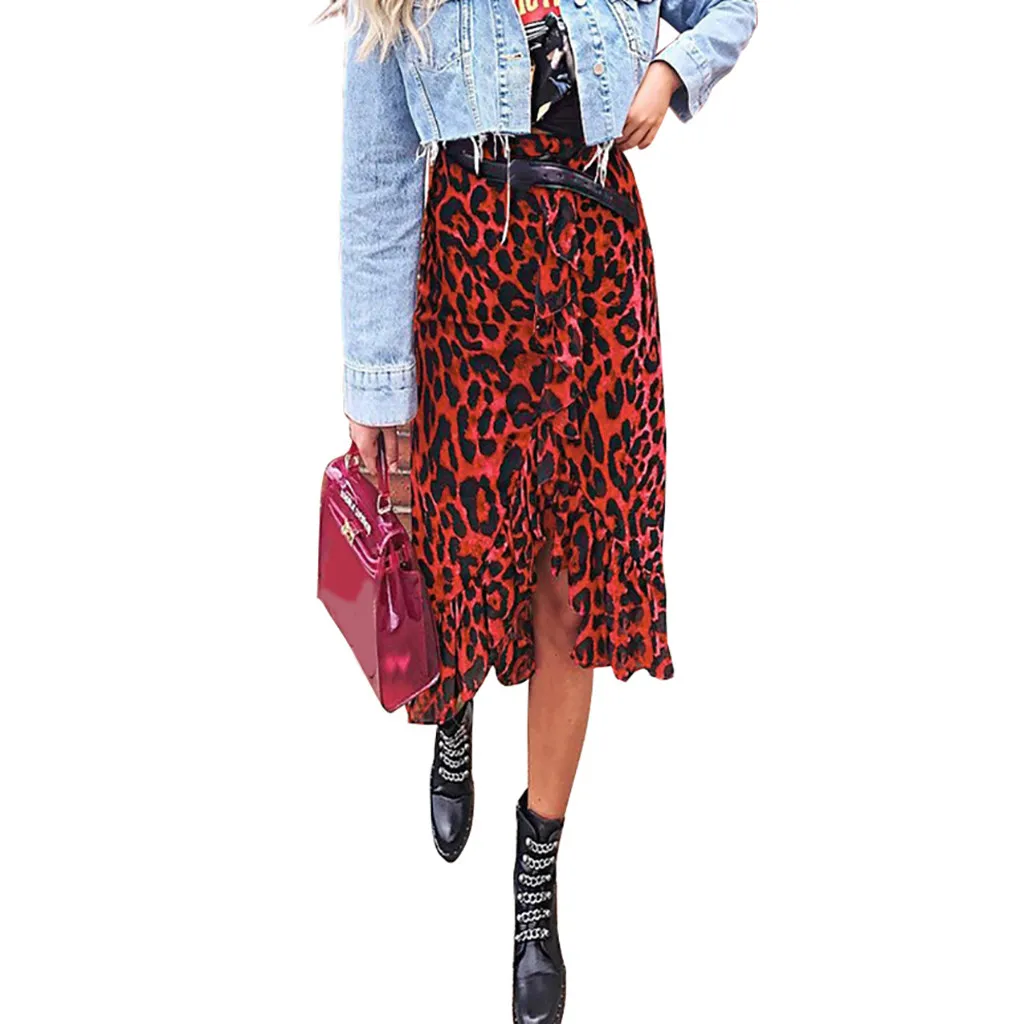 

Jaycosin clothes women Leopard Print Skirts Vintage Long Women's Casual High Waist Pleated red Skirt
