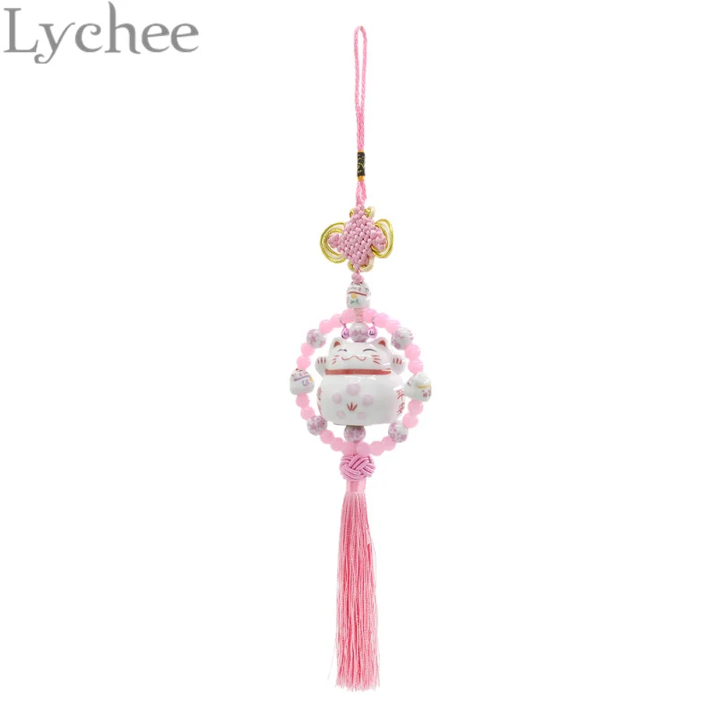 

Lychee Cute Ceramic Lucky Cat Key Chain Key Ring Car Hanging Fortune Cat Pendant Safe Peace Decoration