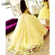 Желтое бальное платье Бальные платья 3D цветы ручной работы с открытыми плечами милые 16 большой размер, принцесса с юбкой из тюля