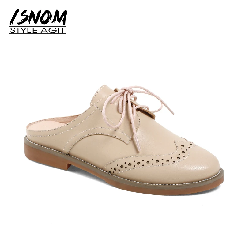 

ISNOM Fashion Women Slippers Genuine Leather Shoelaces Slides Square Toe Brogue Footwear Summer New Female Casual Mules Shoes