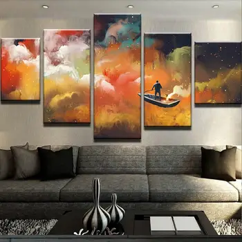

5 pieces abstract colored people boat clouds oil painting pictures HD prints on canvas wall art home decor for kids room posters