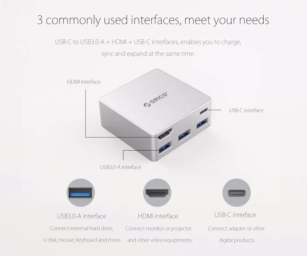 ORICO CDHU3 Тип-C концентратора USB3.0 HDMI Алюминий мини док-станция PD Функция для MacBook Pro-серебро