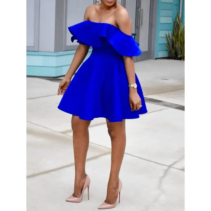 

Women Off Shoulder Sexy Dress Elegant Plus Size Blue Party Backless Evening Ruffle Mini Stylish 2019 A Line Summer Short Dresses