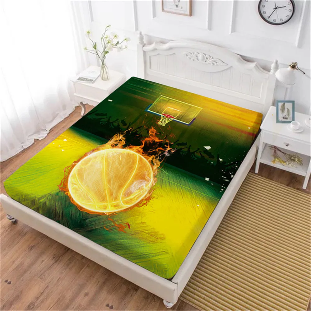 

Green Yellow Sports Bed Sheet Fire Basketball Print Fitted Sheet Deep Pocket Polyester Bedclothes Mattress Cover Home Decor D35