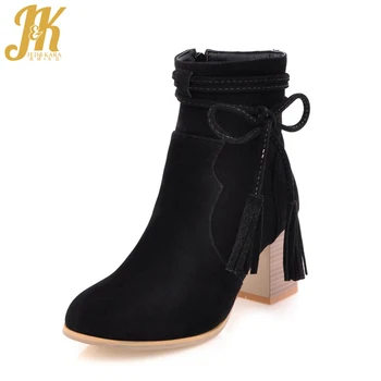 

JK New Autumn Women Ankle Boots Tassel High Heels Boots Shoes Cross Tied Round Toe Footwear 2018 Fashion Zip Flock Female Shoes