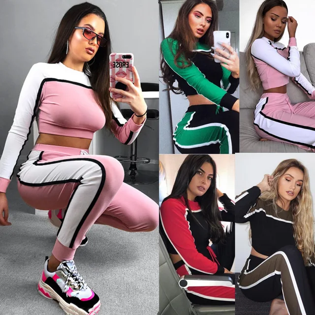 Best Offers Women Fashion Two-piece suit Casual o-neck Long Sleeve Crop Tops+long Pants Streetwear Patchwork Slim Sexy Suit personality Set