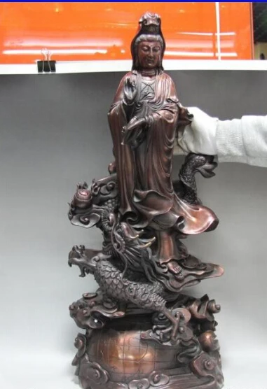 

Pure Red Copper Bronze Stand Dragon GuanYin Kwan-yin Boddhisattva Buddha Statue