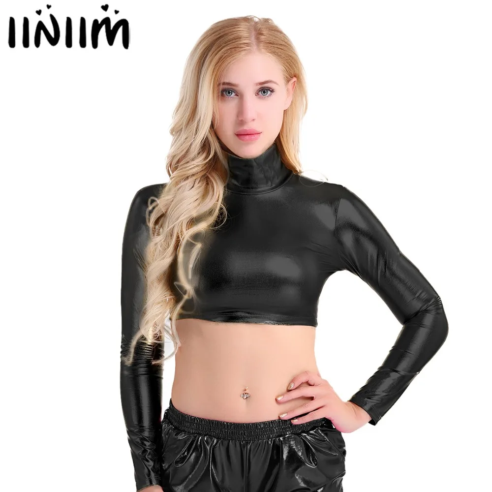 

Sexy Hot Women Shiny Patent Leather Long Sleeve Mock Neck Turtleneck Crop Top Costume Cosplay Evening Club High Party Clothing