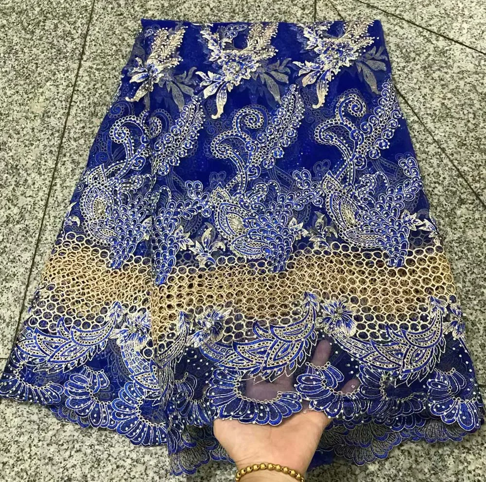 

African stone Lace Fabric blue Color Embroidered Nigerian Laces Fabric Bridal High Quality French Tulle Lace Fabric For Women