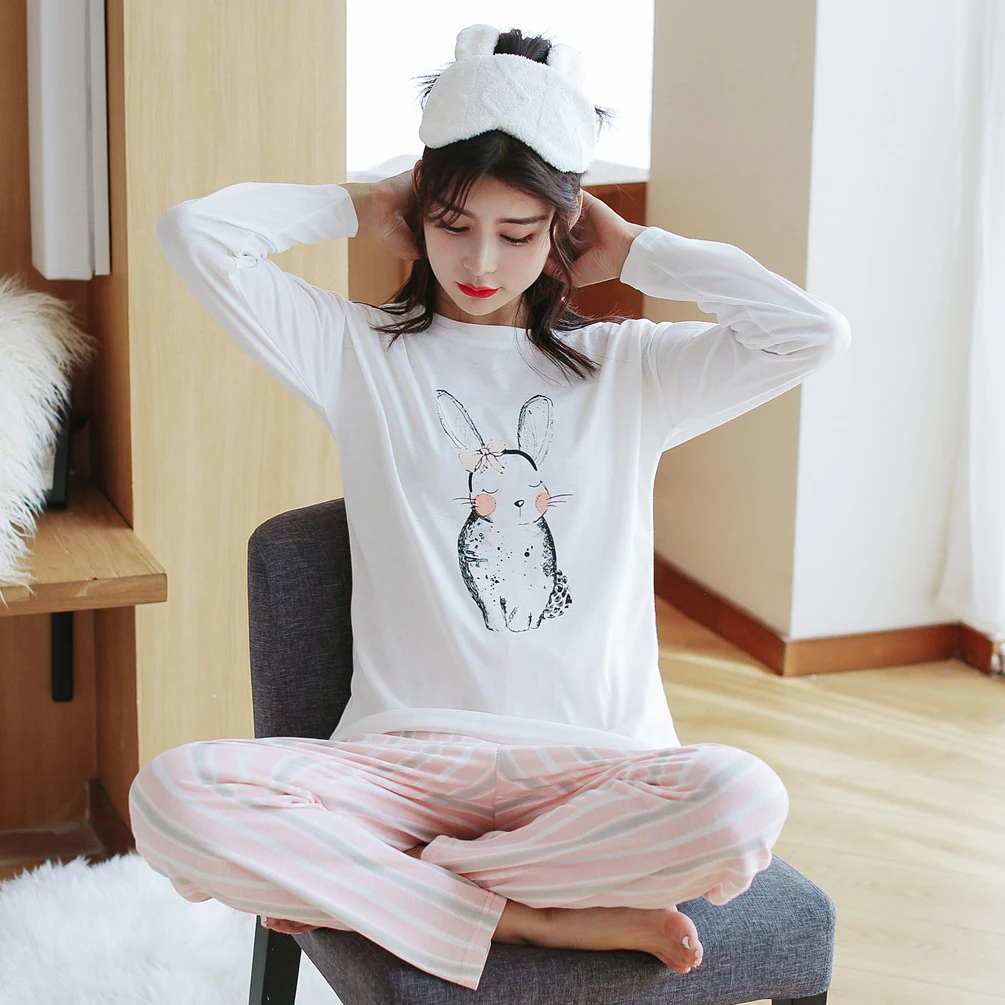 

Cotton Pajama Set for Women 2018 Autumn Winter Cute Girls Cartoon Rabbit Homewear Long Sleeve Pyjama Lounge Pijama Home Clothing