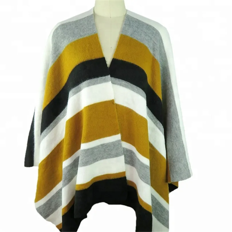 

striped women winter poncho pashmina open front blanket cape cardigan shawl wrap female