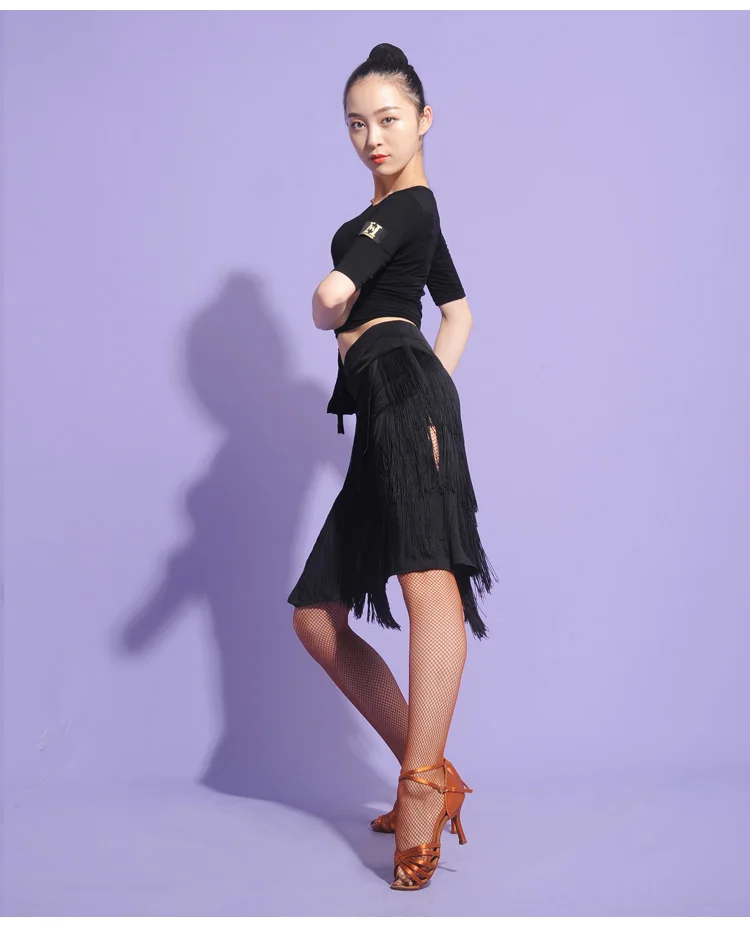 Латинская юбка для танцев женский, черный бахрома Ленточки пикантные Разделение юбки Румба Танго Одежда для танцев Практика одежда для