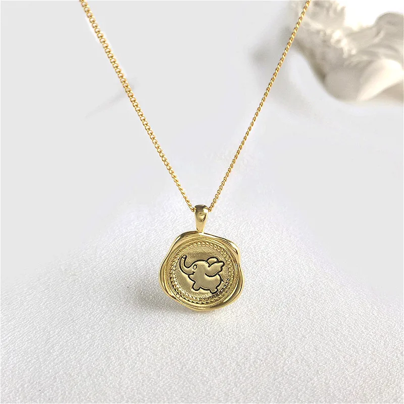 

Fengxiaoling New Fashion Golden Cartoon Elephant Pendant Necklaces Real 925 Sterling Silver Irregular Medal Necklac Fine Jewelry