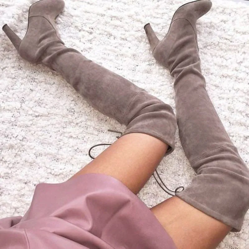 grey suede thigh high heel boots