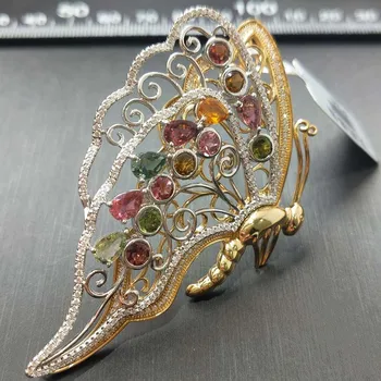 

FLZB , Supper Woman Supper Brooches Natural Tourmaline Gem in 925 Sterling Silver With 18k Gold Plated Party Charming Jewelry