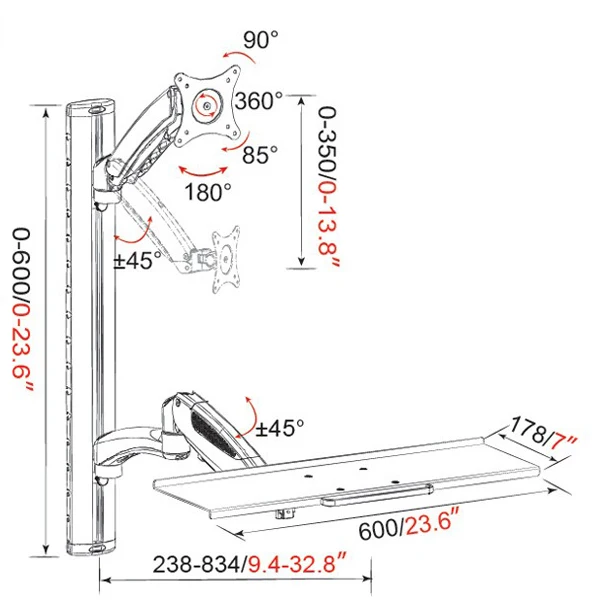 WS02 настенное крепление складной Эргономичный газовый пружинный сидячий стенд монитор+ клавиатура Держатель полный рычаг движения 1"-27" монитор Стенд кронштейн