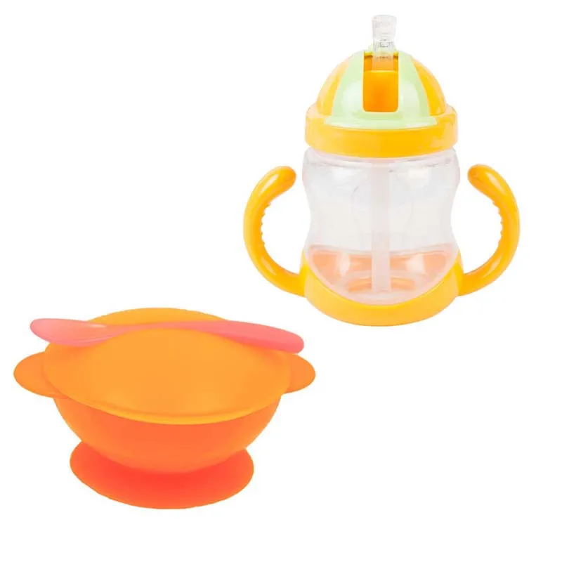 

Cartoon Baby Cup Kettle Children Learn Feeding Drinking Water Bottle With Handle Cartoon 270ML Cover Kids Training Cup with Bowl