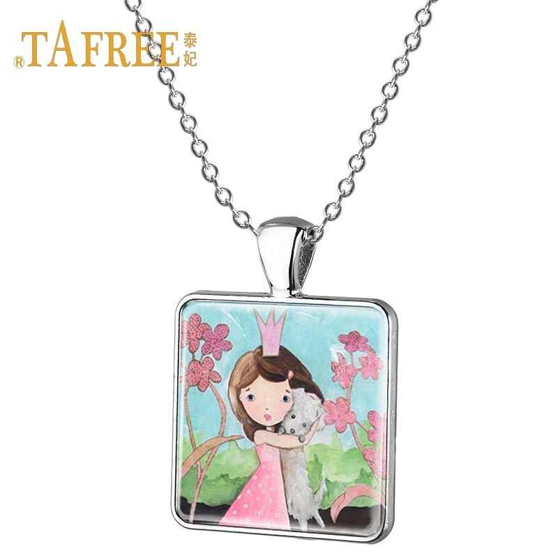 

TAFREE Girl and dog art photo square necklace Again Gothic Girl Art Print pendant necklace women Decorative jewelry ST03