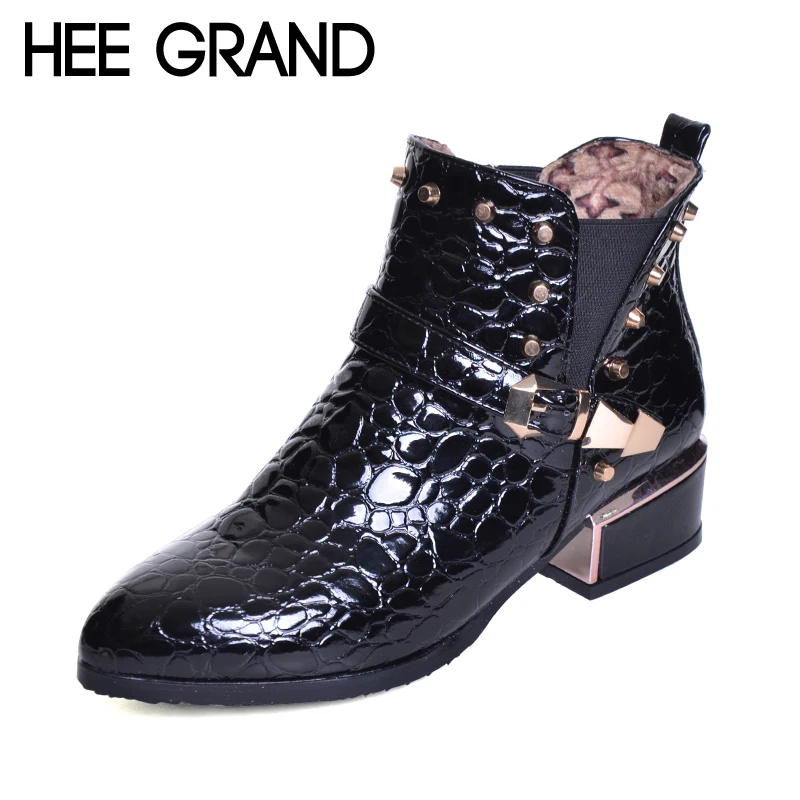 

HEE GRAND Rivet Decoration Pointed Toe Buckle Strap Women Fashion Boots Snakeskin Pattern Thick Heel Ankle Boots XWX6367