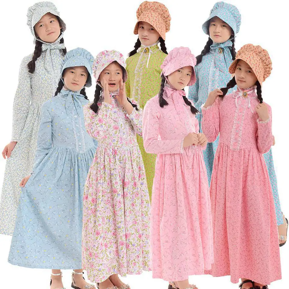 Colonial Girls Dresses 19ths Prairie Pioneer Pilgrim Costume Size 6Y-12Y