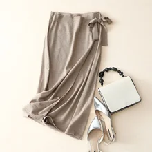 Осенняя элегантная юбка из кашемира с бантом, вязаная Расклешенная юбка миди, свитер с поясом, зимняя вязаная Юбка До Колена