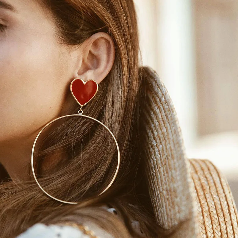 

Red Heart Round Dangle Earrings Women Gold Color Circle Big Statement Earring Long Bohemian Punk Trendy Jewelry Geometric MZ020