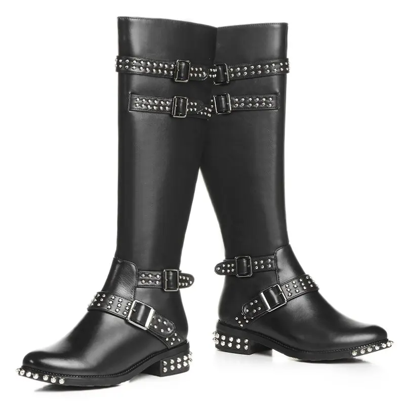 Zapatos Alta Genuino Grueso Moda Y0631576f Mujer Tacón Pu Rodilla Otoño Mujeres Negro Cuero Botas De Remache EvwqXfq