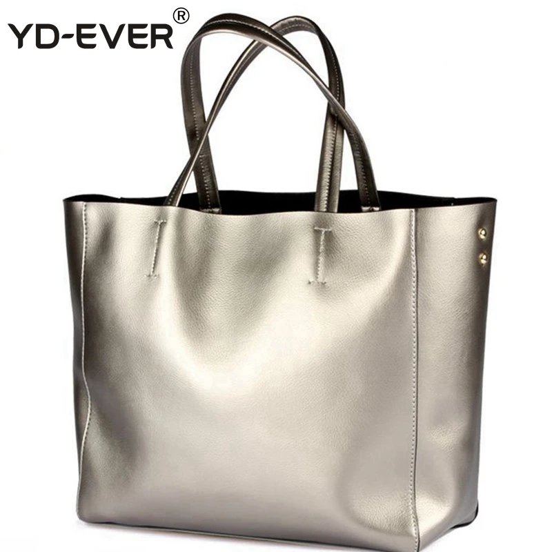 

GENUINE LEATHER LARGE TOTE - Real leather handbag 2015 Women's Fashion Trendy Silver Gold Big Shopping Shoulder Bag Bolsa