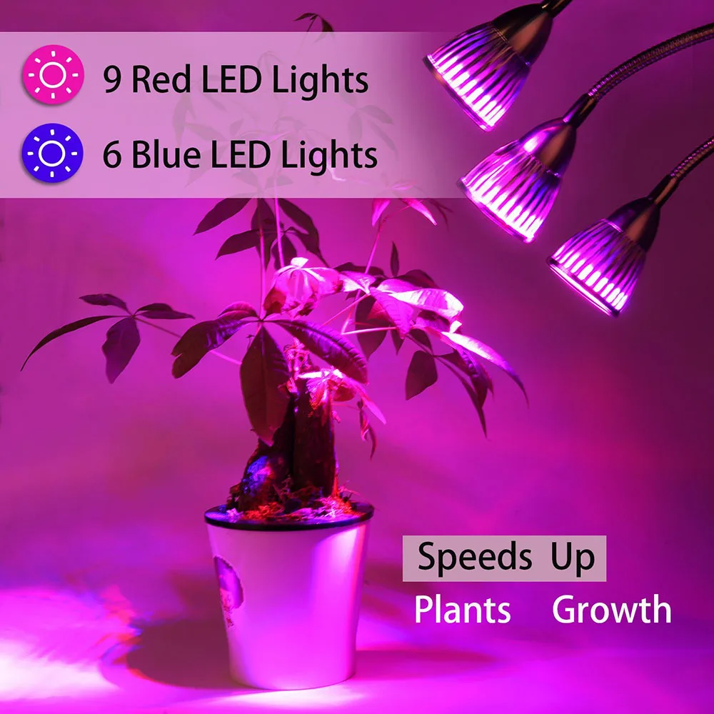 Светодиодный светать 15 Вт 3 головы растений лампы с тройной коммутаторы 360 градусов для цветов комнатных растений Indoor семена парниковых