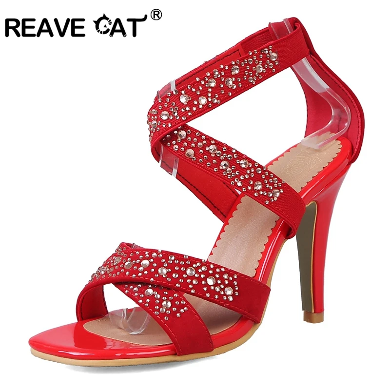 Женские Блестящие Босоножки REAVE CAT летние туфли из флока на высоком каблуке