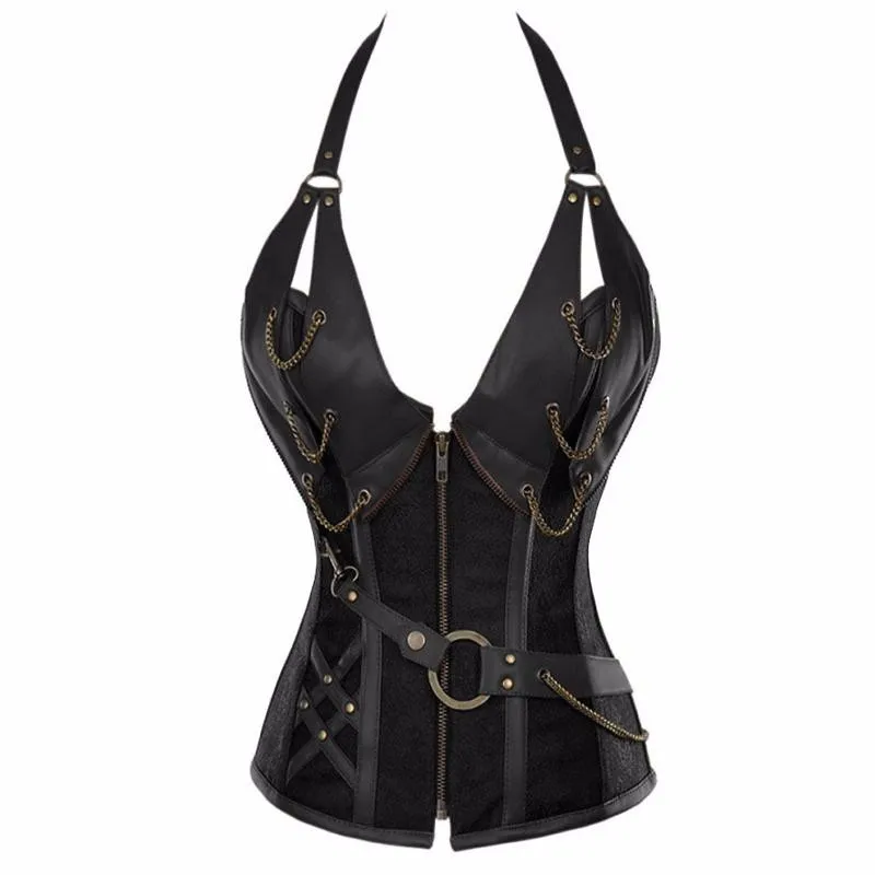 Black-Corset-With-Faux-Leather-Halterneck-W580908A-1