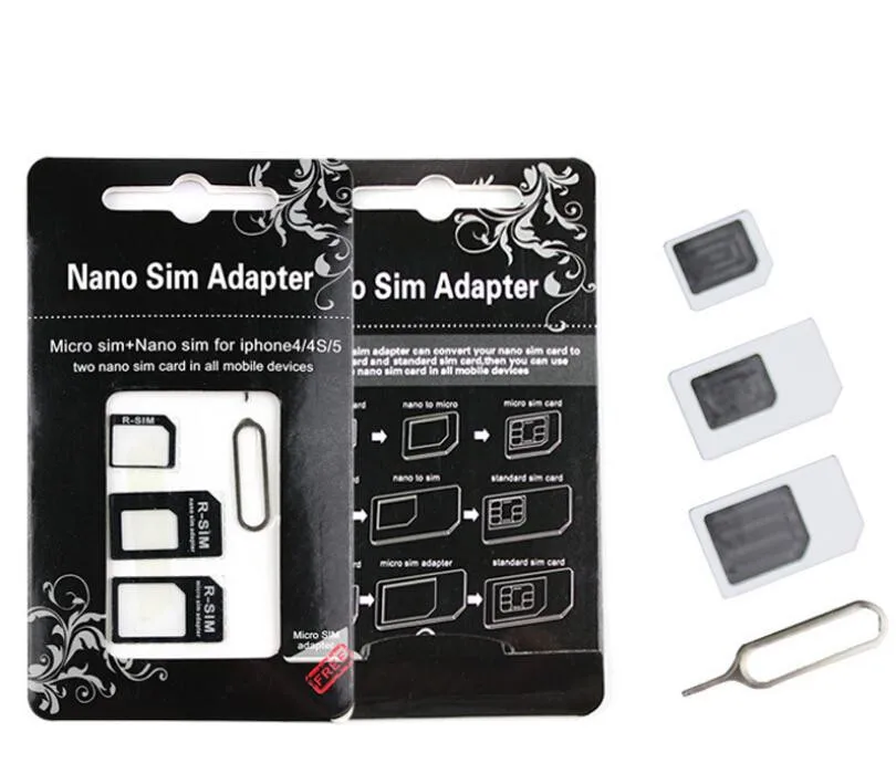 4 в 1 Nano SIM к адаптерам Micro/standard Card Adaptors для iPhone 5 4S 4 для iPhone5 с розничной упаковкой Eject SIM карта Pin