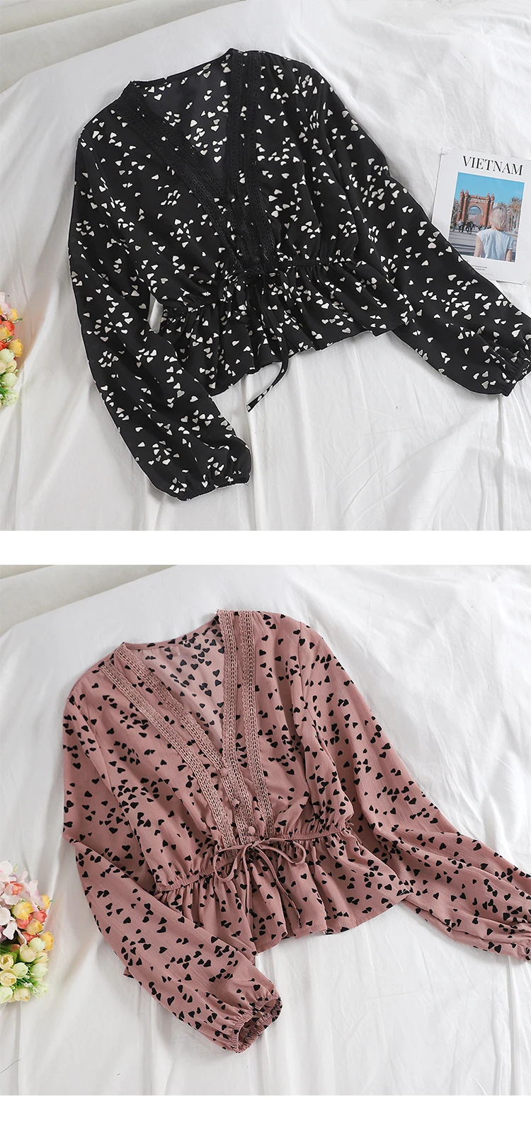 Женская рубашка с v-образным вырезом и рукавом-фонариком, с бандажным ремешком и бантом, винтажный короткий тонкий шифоновый пуловер с высокой талией и сердечками, Блузка мини-топы