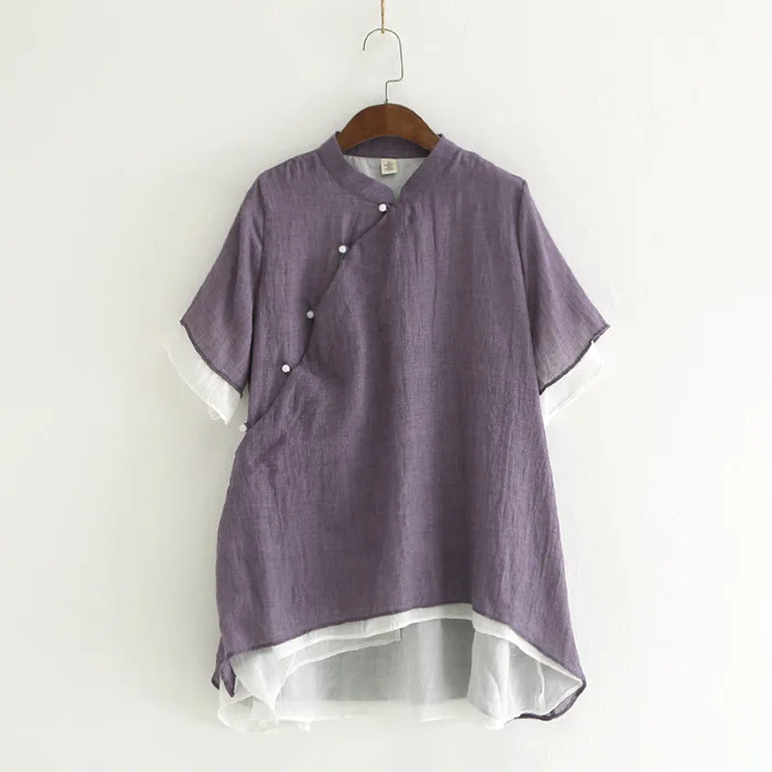 Женские короткие рубашки в китайском стиле, повседневные блузки со стоячим воротником, новые летние свободные винтажные топы, короткая Асимметричная рубашка