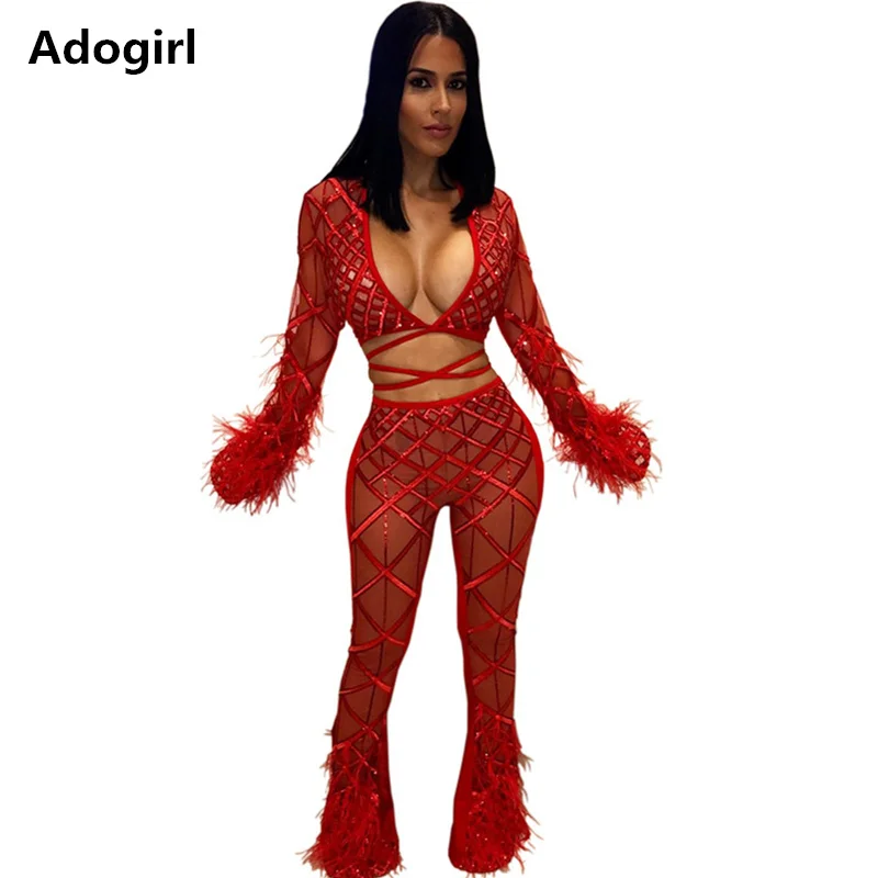 

Feature Sheer Mesh 2 Piece Set Crop Top and Pants Flare Sleeve Sexy Pants Lace Up Club Outfi Hollow Out V-neck Two Pieces Set