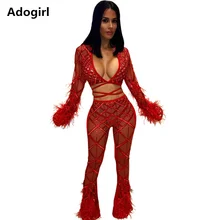 Feature Sheer Mesh 2 Piece Set Crop Top and Pants Flare Sleeve Sexy Pants Lace Up Club Outfi Hollow Out V-neck Two Pieces Set Feature Sheer Mesh 2 Piece Set Crop Top and Pants Flare Sleeve Sexy Pants Lace Up Club Outfi Hollow Out V-neck Two Pieces Set