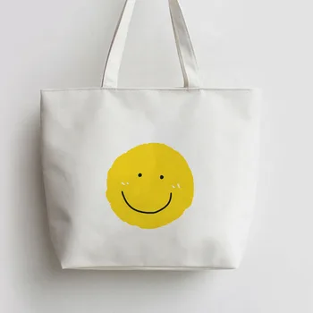 

Cartoon Yellow Smile Face Expression Japanese Anime Canvas Tote bag Cartoon Shopping bags school Shoulder AN388
