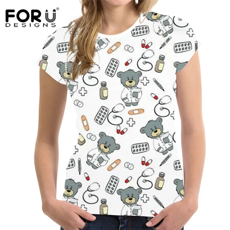 

FORUDESIGNS Women T shirt Cartoon Nurse Bear Printing Fashion Female T-shirt Soft Short Sleeves Womens Clothing Plus Size Girls
