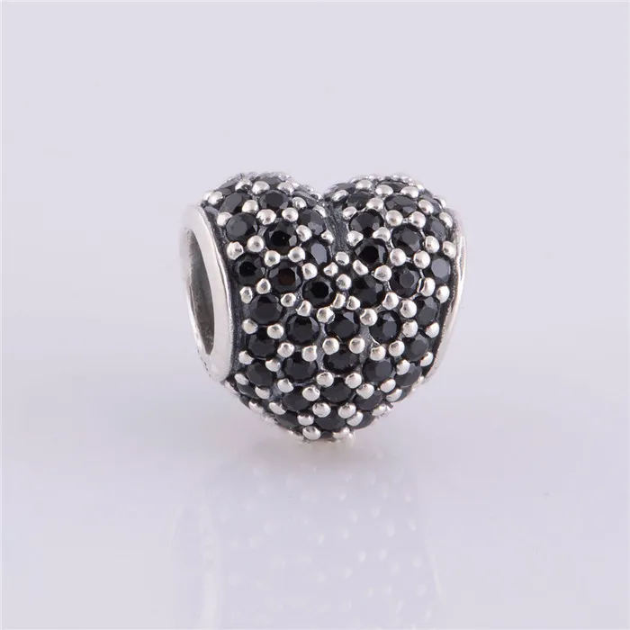 925 Sterling Silver Black Rhinestone Crystal Love Heart Charm Bead