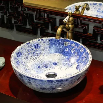 

Round Handmade Europe Vintage Style Lavobo Ceramic Bathroom Counter top Bathroom Sink ceramic basin bowl blue and white pattern