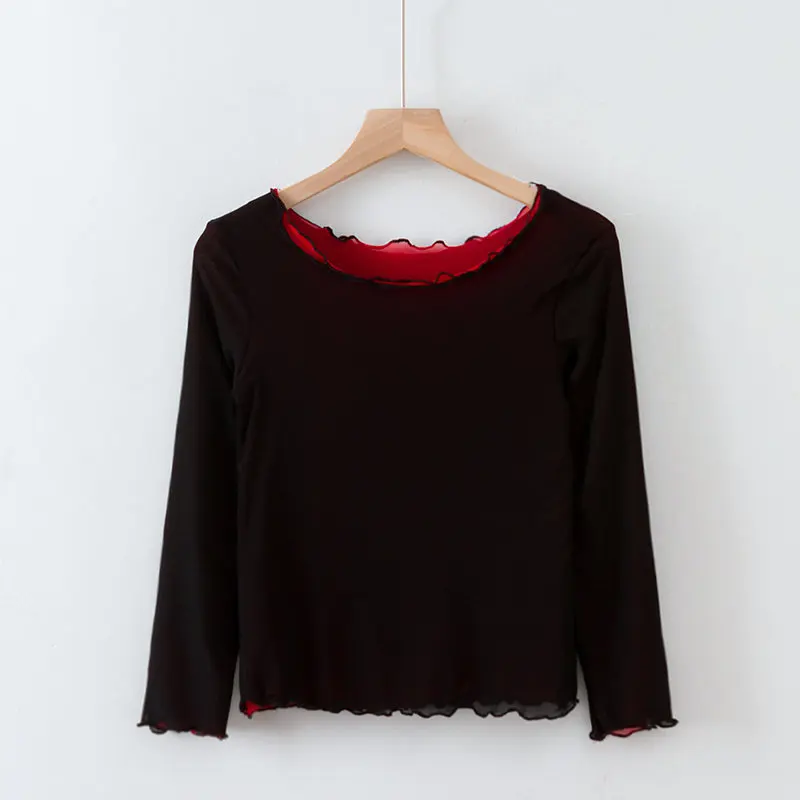 Ретро мода двойной слой обрезанный сетчатый топ для женщин уличная Осенняя с длинным рукавом укороченный топ Харадзюку стиль футболка Femme - Цвет: black red mesh shirt