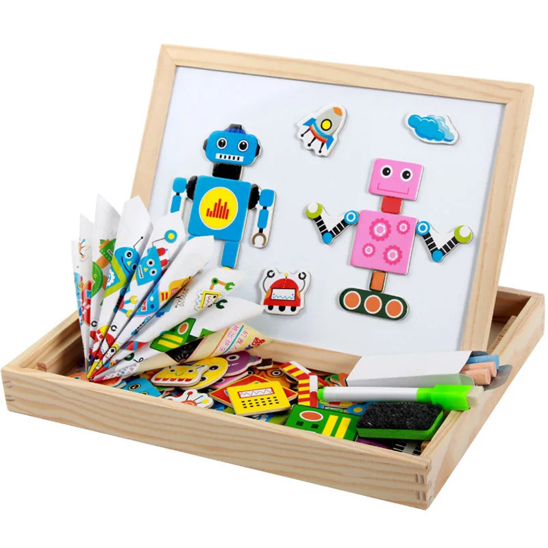 100+Pcs Wooden Magnetic Puzzle Toys Children 3D Puzzle Figure/Animals/ Vehicle /Circus Drawing Board Learning Wood Toys Gifts 14