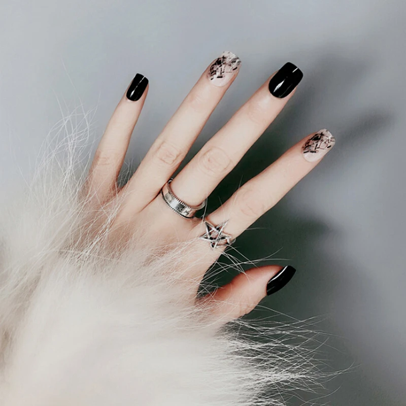24 PCS Press on nails Full Nail Tips Black Smooth False Nails Long Square Designed with Glue Sticker for Ladies | Красота и здоровье