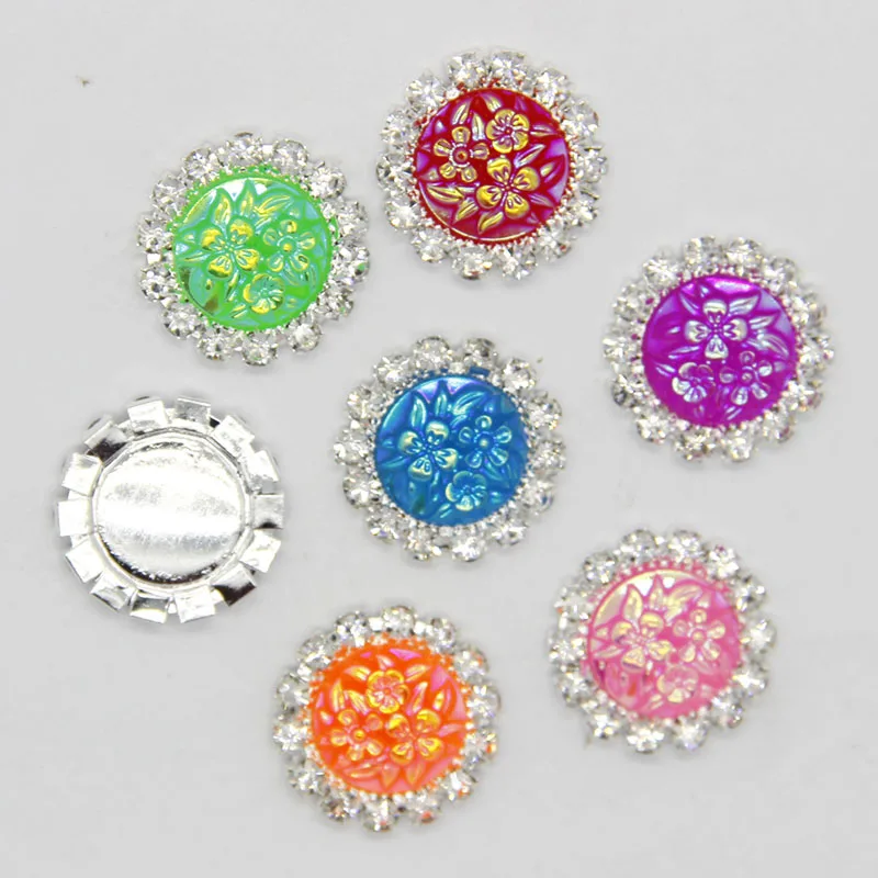 

10pcs 15x15mm Mixed AB Color Resin Round flower Flatback Silver Metal Rhinestone Cabochon Base Cameo Setting DIY Jewelry Charms