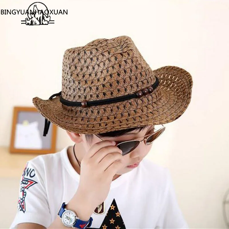 

BINGYUANHAOXUAN Beads Rope Decorations Cowboy Straw Hats for Children 2018 New Fashion Summer Jazz hat Beach Sun Hat Caps
