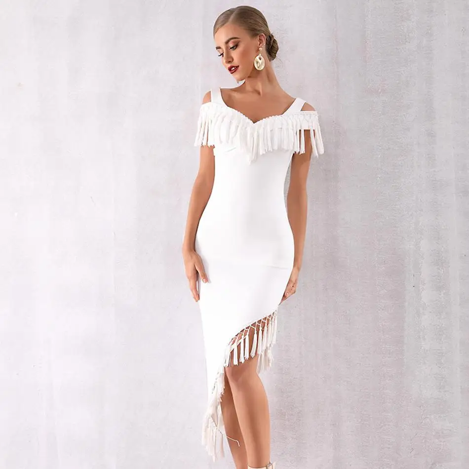 

Newest Celebrity Evening Party Bodycon Dress Women White Black Short Sleeve V-Neck Tassel Sexy NightClub Dress Women Vestidos